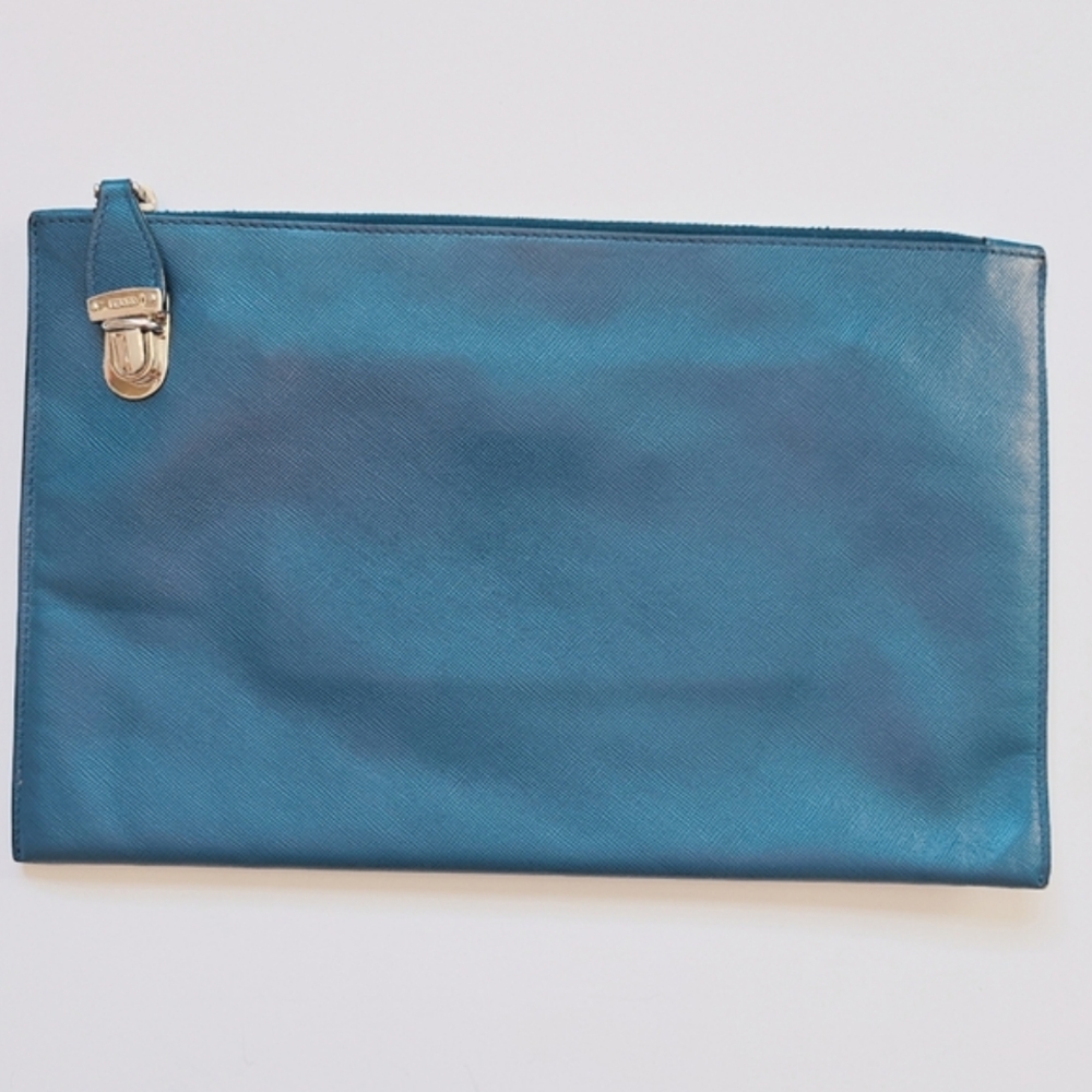 PRADA Saffiano Leather Blue Zipper Clutch Pouch Bag With Silver Hardware. - Picture 13 of 14